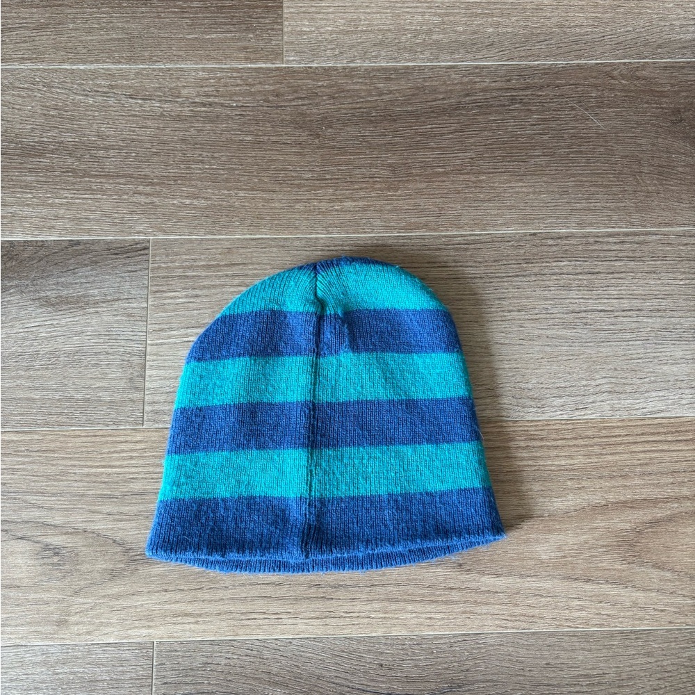 Striped Teal and Navy Beanie - Picture 2 of 6
